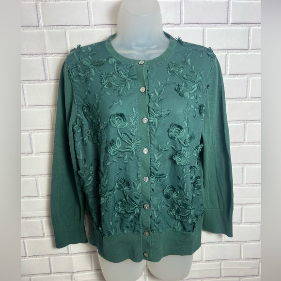 ANN TAYLOR green Embroireded Cardigan with Textured Floral Design/size L - Picture 2 of 11